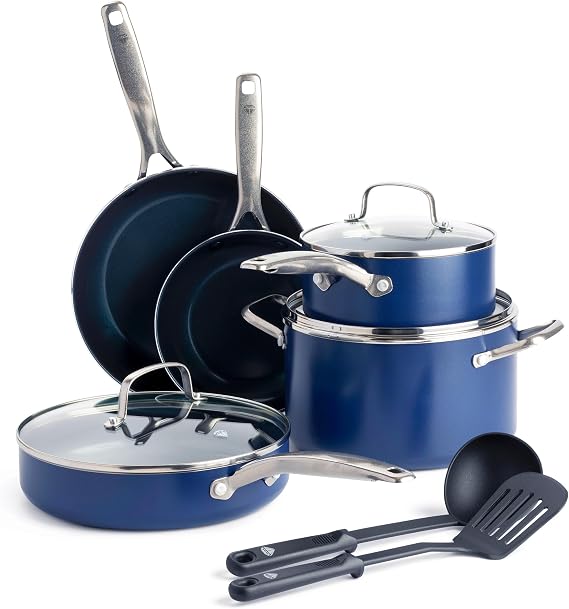 Blue Diamond 10 Piece Ceramic Nonstick Cookware Pots & Pans Set, Blue