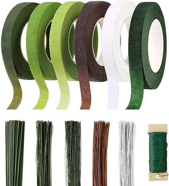 Floral Tape and Floral Wire Arrangement Tools Kit with 6 Rolls 1/2" Wide Floral, 18/22/26 Gauge Stem Wire and 22 Gauge Paddle Wire for Bouquet Stem Wrap Florist