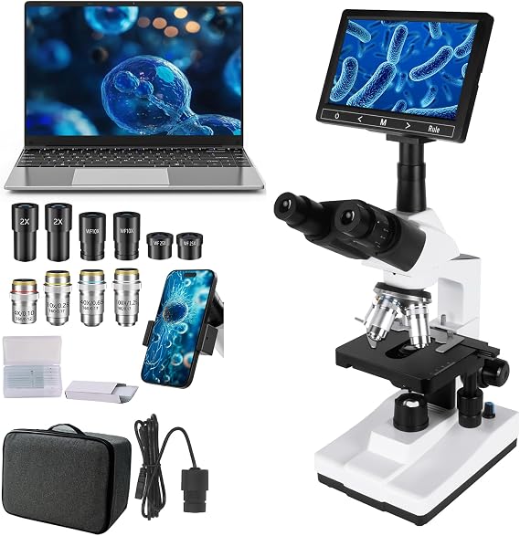 Professional Trinocular Microscope 40X-5000X Magnification, Microscope for Adults, Laboratory Grade with Dual Mechanical Stage and HD USB Camera Microscope, 7'' LCD Screen