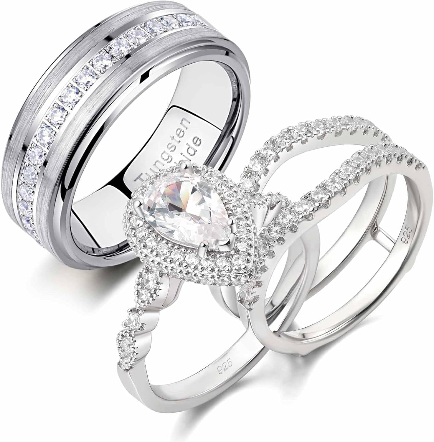 Newshe Jewellery Wedding Ring Sets for Him and Her Cubic Zirconia Promise Rings for Couples Women Mens Band Pear Shape Engagement Bridal Anniversary Size 5-13
