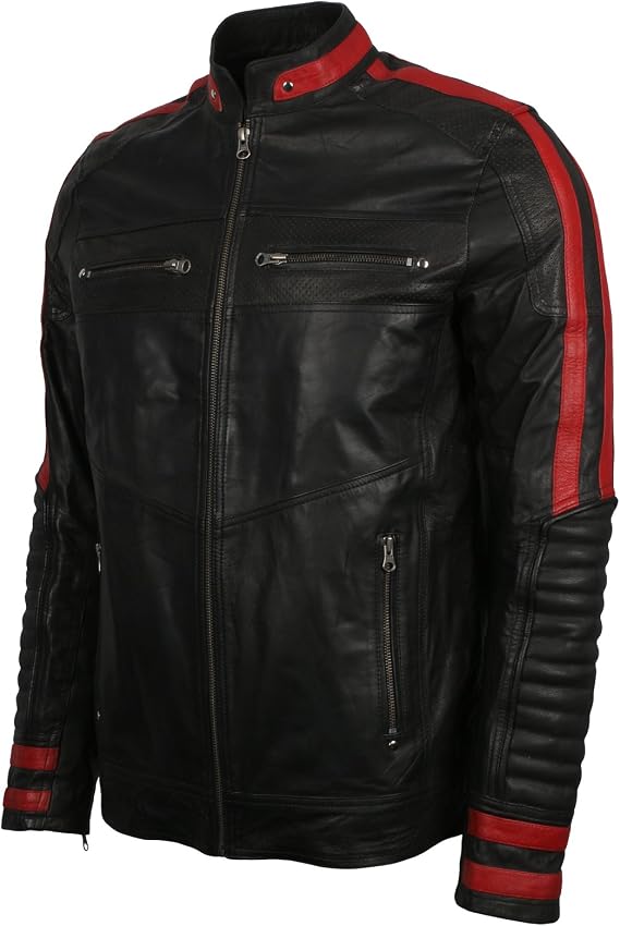 Men's Leather Jacket Black & Red Slim Fit Biker Vintage Motorcycle Cafe Racer
