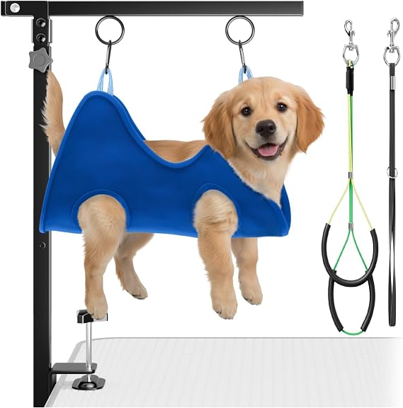 Adjustable Foldable Dog Grooming Arm with Clamp, 2640 in Height, Safety Hammock & No-Sit Holders, Grooming Restraint for Small & Medium Dogs