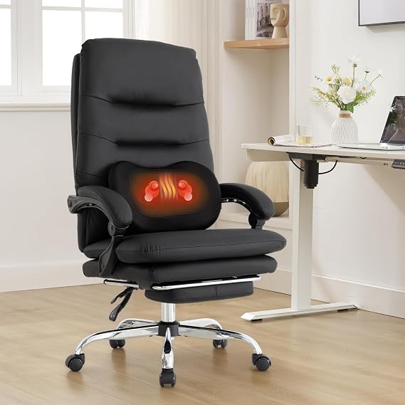 Kneading Massage Executive Office Chair with Heated,90-135 Reclining Chair with Footrest, Ergonomic Desk Chairs (Black with External Massager)