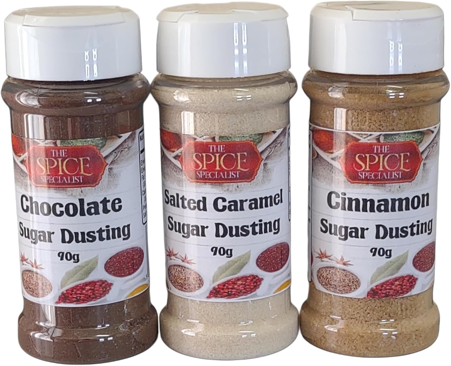 Hot Drinks Dusting Topper Flavouring Pack of 3, Chocolate, Cinnamon, Salted Caramel 3 x 90g- Also for Popcorn flavouring, Cupcake Duster, Icing, baking by The Spice Specialist