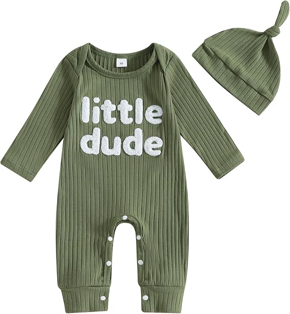 ZAXARRA Newborn Coming Home Baby Boy Outfits Little Dude Letter Print One Piece Rompers Long Sleeve Waffle Knit Fall Clothes