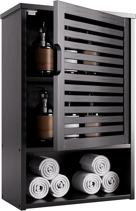 HITNET Bathroom Storage Cabinet Wall Mounted, Hanging Medicine Cabinet with Adjustable Shelf, Over the Toilet Space Saver Organizer, Black Bamboo Kitchen Cupboard, Single Door