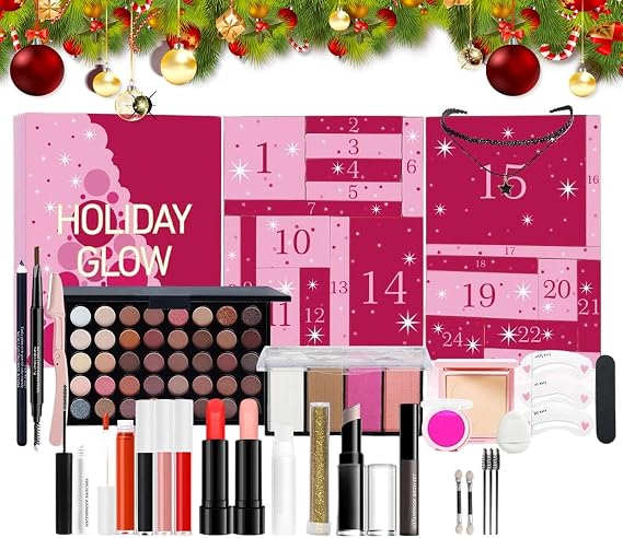 Christmas Calendar Makeup Advent Cosmetic Set | Christmas Countdown Kit Cosmetic Boxes for Teen Girls Adults Party Favors Wedding Dating Office School Shopping Travel