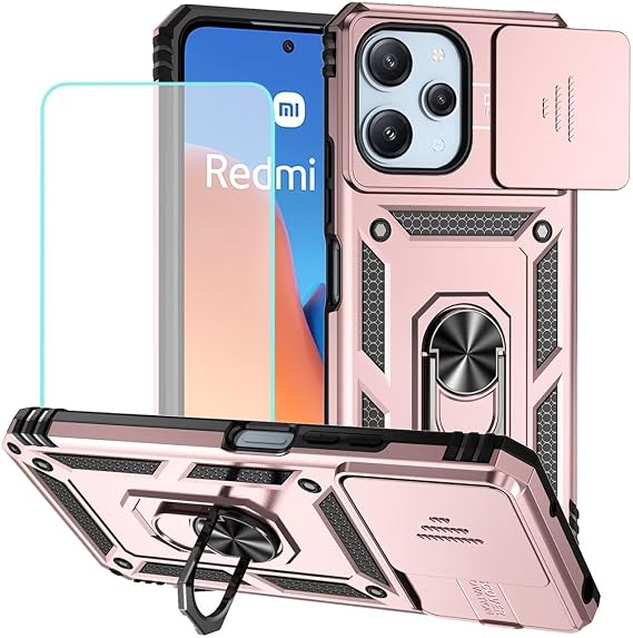 Case for Redmi 12 Case, Redmi Note 12R/Poco M6 Pro Case with Tempered Glass Screen Protector and Slide Camera Cover, 360 Rotate Ring Stand Magnetic Cover for Xiaomi Redmi 12 Rose Gold