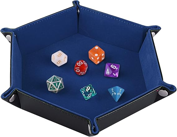 SIQUK Double Sided Dice Tray, Folding Hexagon PU Leather and Velvet Dice Holder for Dungeons and Dragons RPG Dice Gaming D&D and Other Table Games, Blue