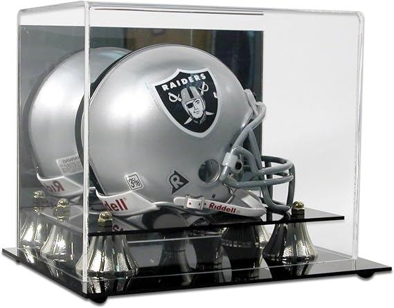 Deluxe Acrylic Mini Helmet Display Holder | Mini Football Helmet Display Case with Mirrored Back & Gold Risers to Protect the Helmet | Clear UV Protection | No Assembly Required