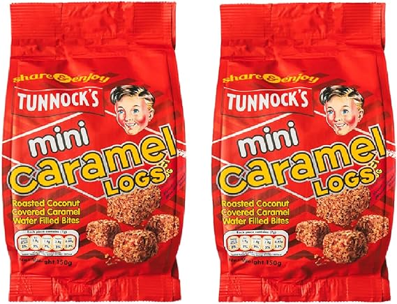 Tunnock's Mini Caramel Logs Pouch, Roasted Coconut Caramel Wafer Biscuits, 150g (2 Pack)