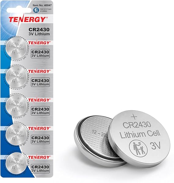 Tenergy CR2430 Battery, 3V Lithium Coin Battery for Car Key Fob, Car Remote, Calculators, Thermometers and More, 5 Count