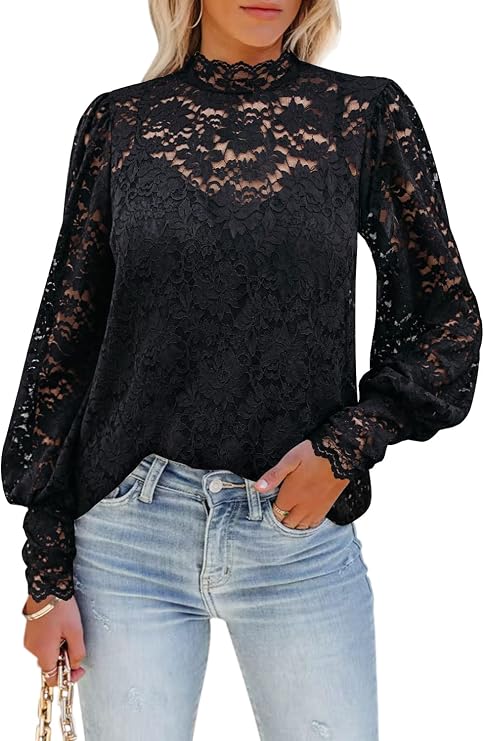 DOROSE Women's Floral Lace Long Sleeve Tops Dressy Casual Mock Neck Blouse