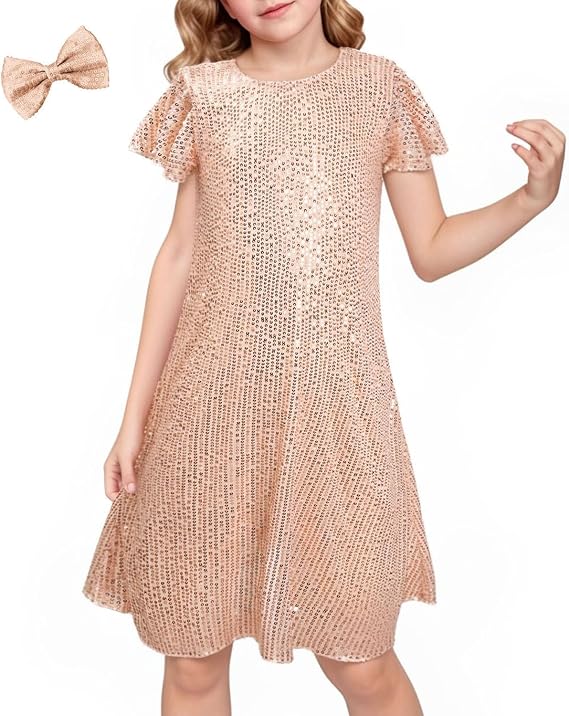 LQSZ Girls Sparkly Sequin Party Dress with Hairbow Flutter Sleeves Elegant Prom Wedding Concert for 3-12 Years