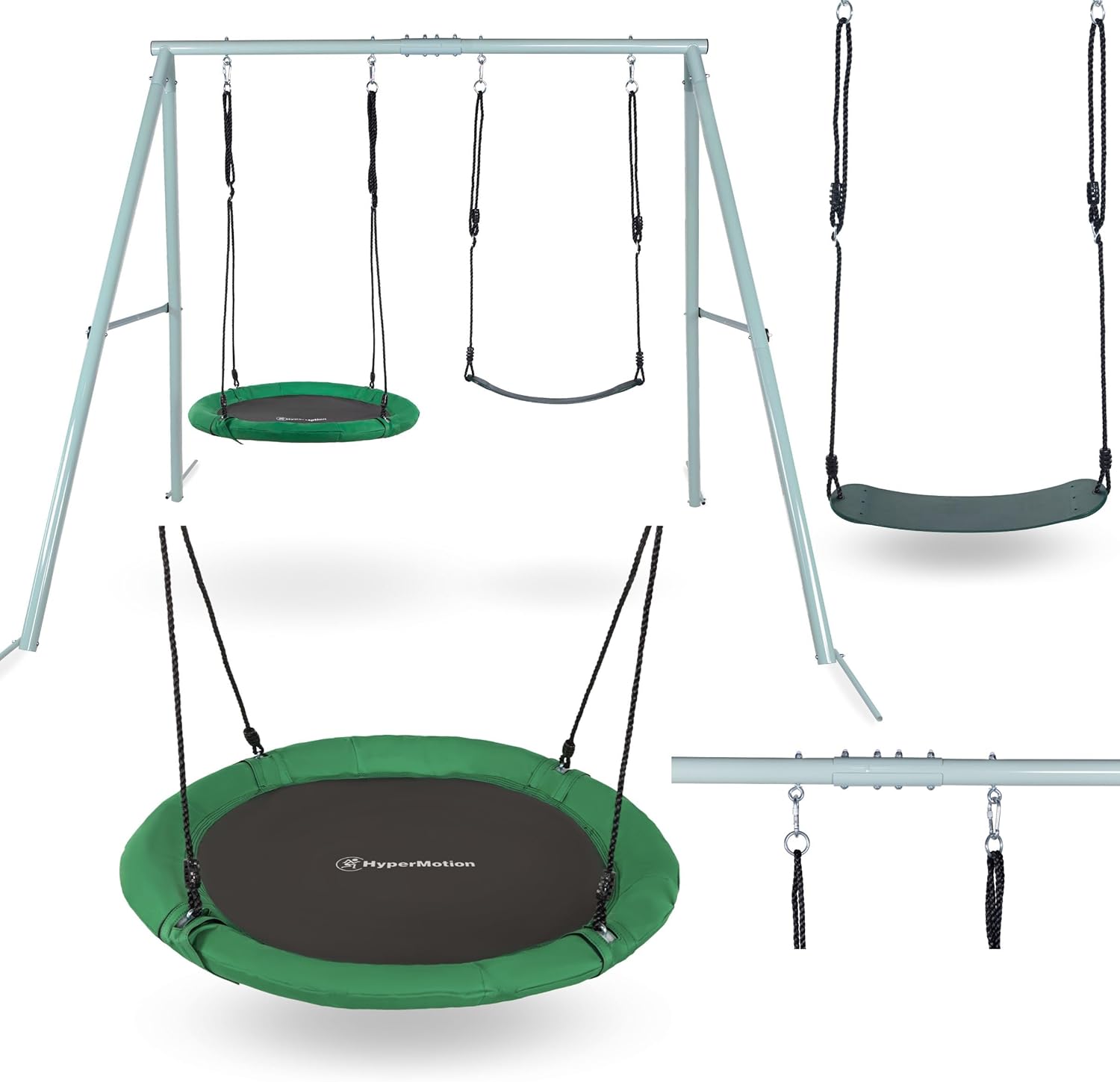 HyperMotion Garden Swing Set with Nest & Classic Seat - Sturdy A-Frame Design, 200kg Load Capacity - Weather-Resistant Steel Frame & Adjustable Ropes - Safe Outdoor Play Equipment for Kids & Parents