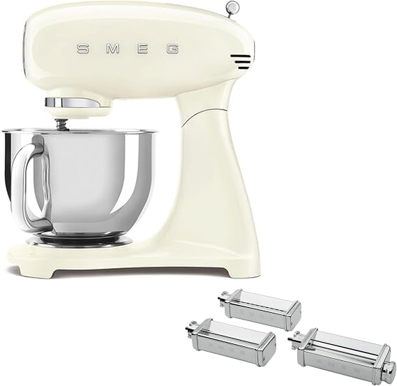 SMEG SMF05 Forte Stand Mixer with SMPC01 Pasta Roller & Cutter Set Bundle Retro Kitchen Stand Mixer with Planetary Mixing Action, Multiple Speeds, Fresh Homemade Pasta Attachment Set-Cream