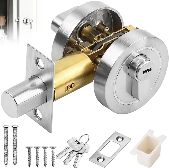 Deadbolt Door Lock with Key, Modern Round Internal Door Security Lock, 35-50mm Zinc Alloy Single Cylinder Dead Bolts Invisible Gate Locks for Bedroom, Apartment, Entrance Entrance, Passage (Silver)