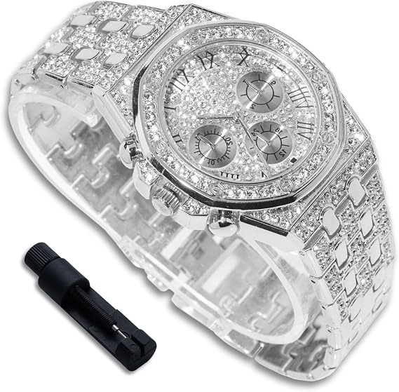 Luxury Diamond Watch for Kids Teen - Iced Out Bling 18K Real Gold/Platinum Plated - 38mm Octagonal Dial Strap 19.5cm - Adjuster Tool Included - Optional with Cuban Chain