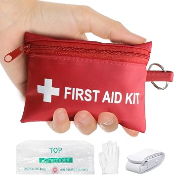 Mini First Aid Kit - CPR Keychain CPR Face Shield with Breathing Barrier & Elastic Belt & One Pair of Disposable Gloves for Travel Home Camping - Emergency Supplies(1 Set)