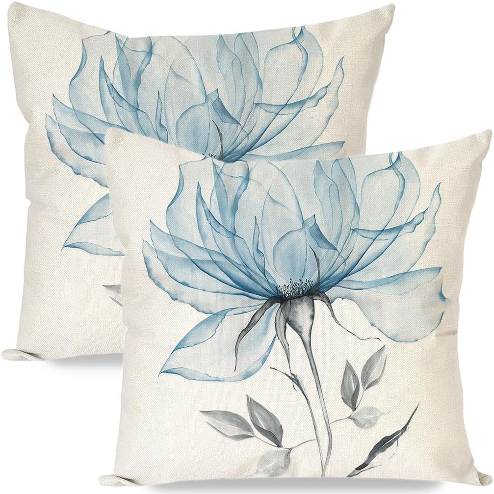 Floral Decorative Throw Pillow Covers 18x18 Inch Set of 2 Blue Peony Flower Outdoor Boho Spring Summer Decor Modern Abstract Cushion Case Decoration for Home Sofa Couch Living Room Bedroom