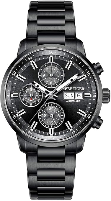 REEF TIGER All Black Multi-Function Automatic Watches for Men Waterproof for Men RGA1659