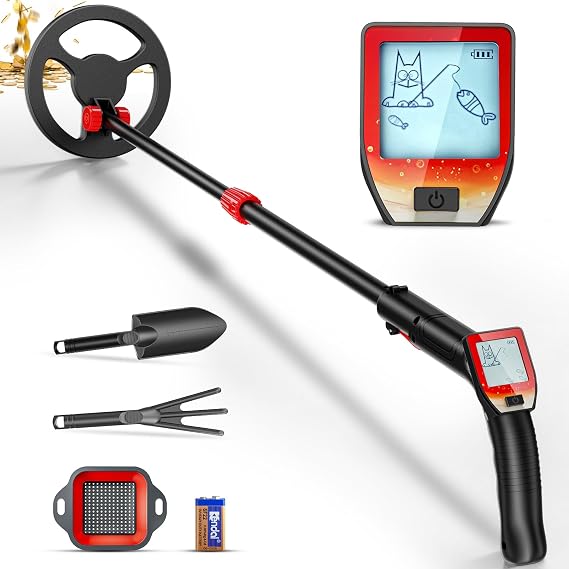 Metal Detector for Children Adjustable Length (16 - 35 inches) Metal Detector LCD Display & Lightweight Metal Detector Children with 6.5 Inch Waterproof Coil Shovel Rake for Recognizing Coins (Red)