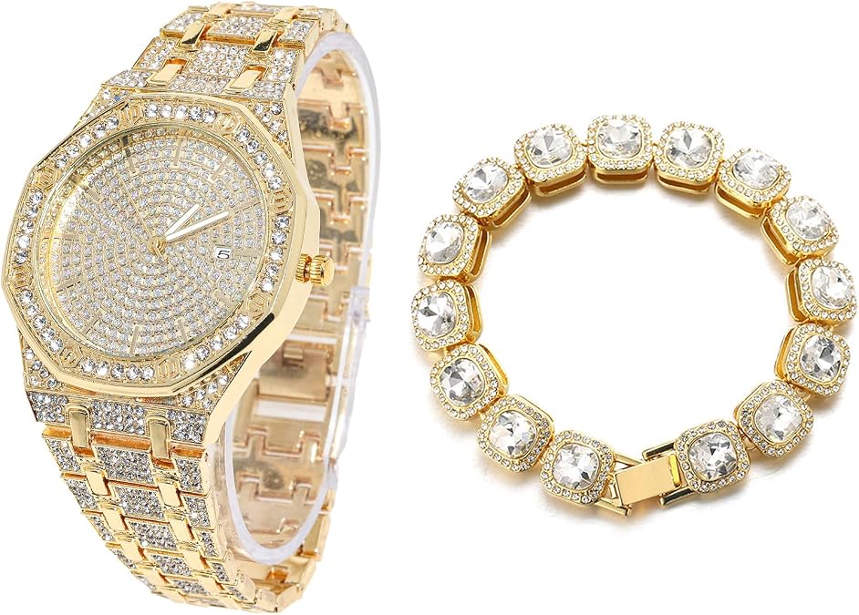 Halukakah Diamonds Gold Watch for Men, 18k Real Gold/Platinum White Gold Plated Quartz Wristband 8.7" Octagonal Dial, with Clustered Diamond Tennis Chain Necklace Bracelet Options, Free Giftbox