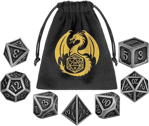 Metal Dice Set, 7pcs Polyhedral Metal DND Dice Set, D&D Gifts with Gift bag, DND Starter Set, Role Playing Board Games Accessories, Silver