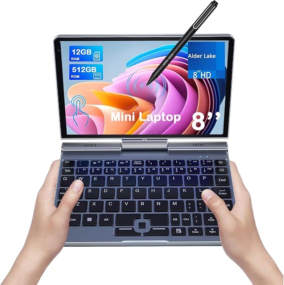 Mini Laptop 8 inch Mini 2-in-1 Laptop, Pocket PC with Touchscreen, N150 Processor, 12GB LPDDR5 RAM, 512GB SSD, Wi-Fi 6