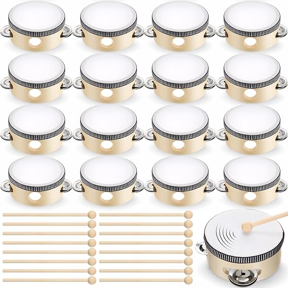 32 Pcs 4 Inch Bulk Tambourines with Drumsticks & Metal Jingles, Mini Wooden Tambourines for Adults, Percussion Hand Drums for Church, Wedding, Party & Educational Gifts