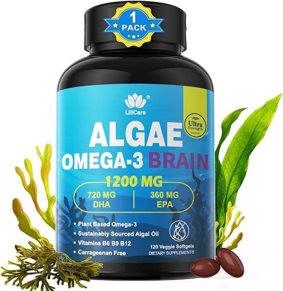 Algae Oil Omega 3 Supplement, Plant-Based EPA & DHA Fish Oil Alternative with Methylated B12, B6, B9, Vitamin E - Vegan Softgels for Brain, Energy, Immune Support for Women & Men, Non-GMO, 120 Count