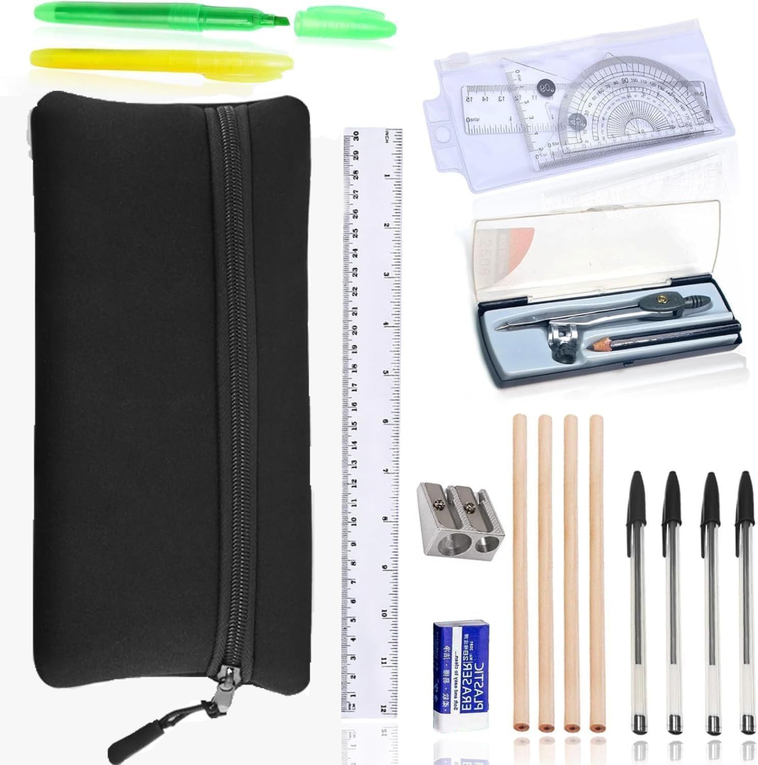 GCSE 18 Pcs Stationery Set, Black School Pencil Case with Stationery Set Included with 4 Graphite Pencils, 4 Pens, 2 Highlighter, Eraser, Sharpener, Compass, Pencil Case