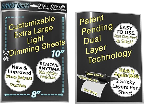 LightDims Customizable Dimming Sheets (2 Sheets) Original Strength Dims 50-80% of Light, Extra Large Size 8x10 Retail Packaging