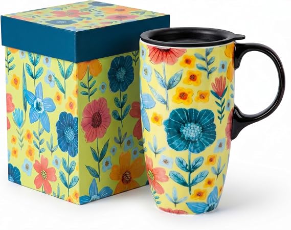 17oz Ceramic Travel Mug with Lid, Yellow Flower Coffee Cup | Microwave & Dishwasher Safe, Cup Holder Friendly, Large Tea Cup with Handle, Commute Office Home Use, Great Mom Gift