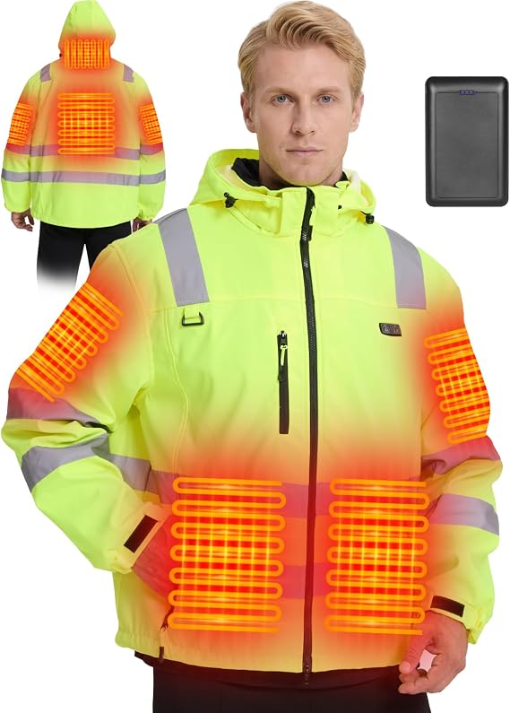 Heated High Visibility Reflective Jackets for Men with Fleece Lining heated Work Jacket 16000mAh Battery Pack, Winter Work Jackets Work Construction Safety Heated Jacket for Cold Weather