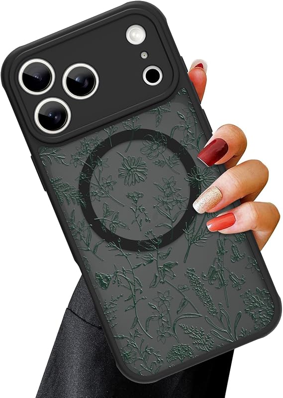 OOK for iPhone 17 Pro Case Magnetic Black Floral Green Design