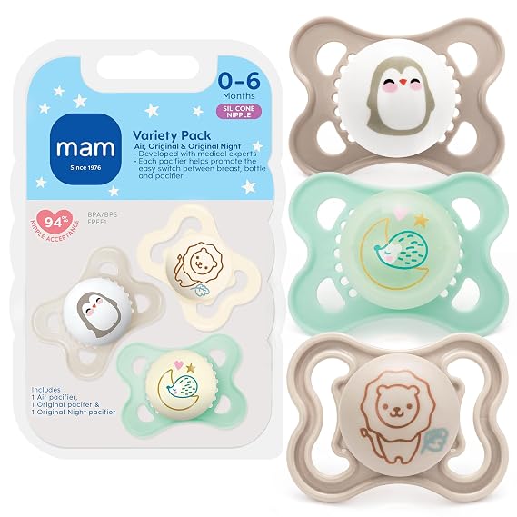 MAM Pacifier 0-6 Months Variety Pack, BPA-Free, Silicone Nipple, 3 Pack