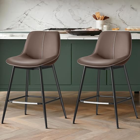 VASAGLE Bar Stools Set of 2, Counter Height, with Back, 24.8-Inch | PU Leather, Ergonomic Backrest, Metal Legs, for Kitchen Island, Easy Assembly, Coffee Brown, LYNA Collection ULBC088K02