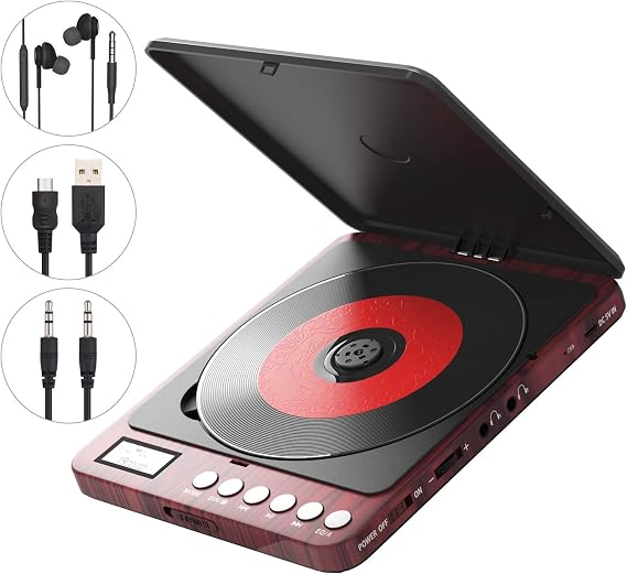Portable CD Player, 2400mAh Rechargeable Compact Personal CD Player with Double Headphones Jack Support Shockproof/Anti-Skip Protection, Walkman Music Disc Player with Audio Cable (Red)