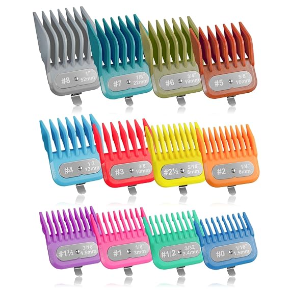 Clipper Guards Set Compatible with Andis Master, Oster Fast Feed, Andis AAC-1, LCL, ML, PM-1, PM-2, RS-1, US-1, Size: #0 to #8 (Length: 1/16" to 1")