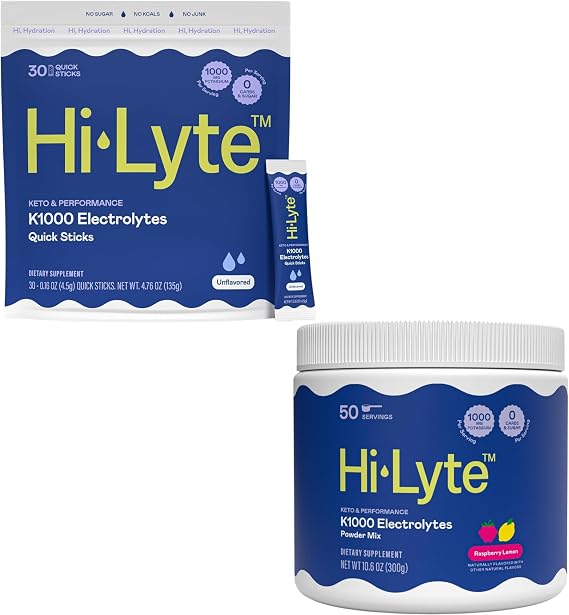 Hi-Lyte Hydration Bundle - Keto K1000 Unflavored Electrolyte Packets (30 Servings) and Keto K1000 Raspberry Lemon Electrolyte Powder (50 Servings)