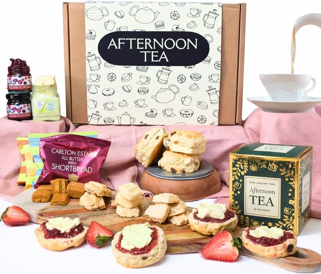 Afternoon Tea Hamper For 2 Gift Set | Luxury Treats for Women & Couples | Includes Tea, Sultana Scones, Clotted Cream, Strawberry Jam & Mini Biscuits | Afternoon Tea For Her