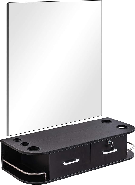 BarberPub Wall Mount Station with Mirror,Barber Station 5012-M(Black)