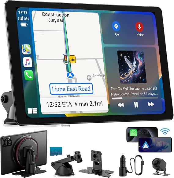 IIWEY iK11 11-Inch Wireless Apple CarPlay Screen, Android Auto, 4K Dash Cam | Ultra-Slim 0.16 Inch Touchscreen Car Stereo with1080p Backup Camera, GPS, Mirror Link, Voice Control