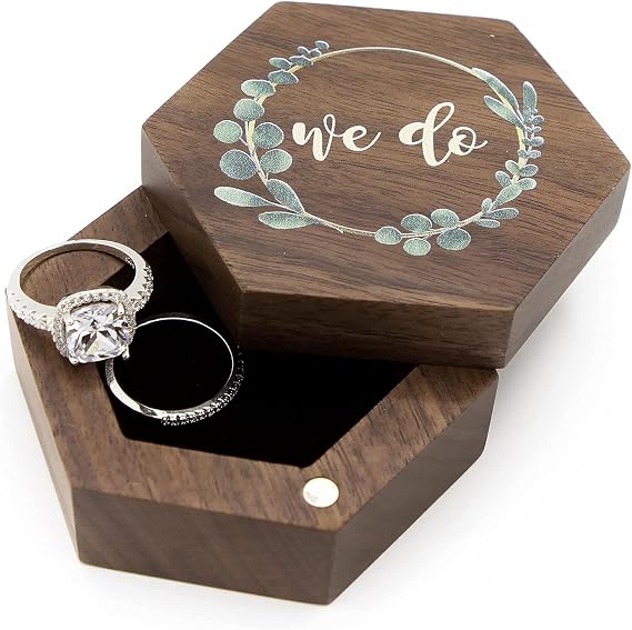 MUUJEE We Do Ring Box - Hexagon Wooden Jewelry Case for Wedding Ceremony Ring Bearer Box - Anniversary Birthday Gift Ideas