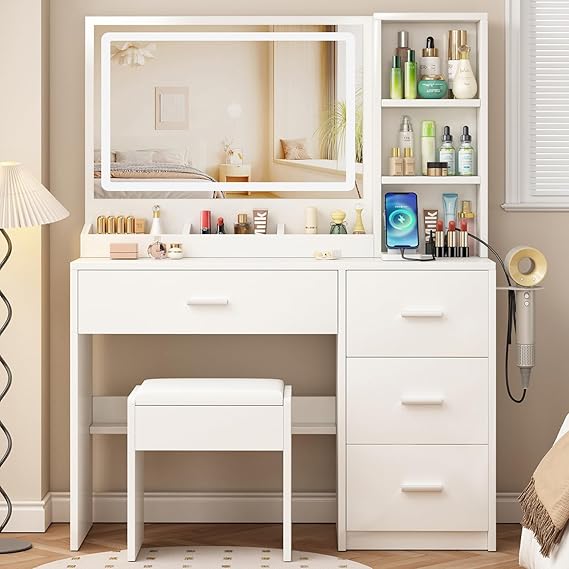 OTOQS Vanity Desk with Mirror and Lights,4 Drawers & Bench Vanity Desk Set