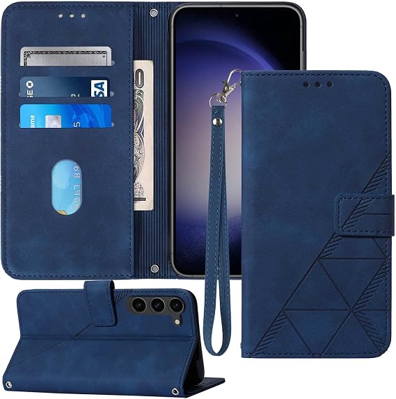 Flip Wallet Case for Galaxy S23 with Wrist Strap, Blue
