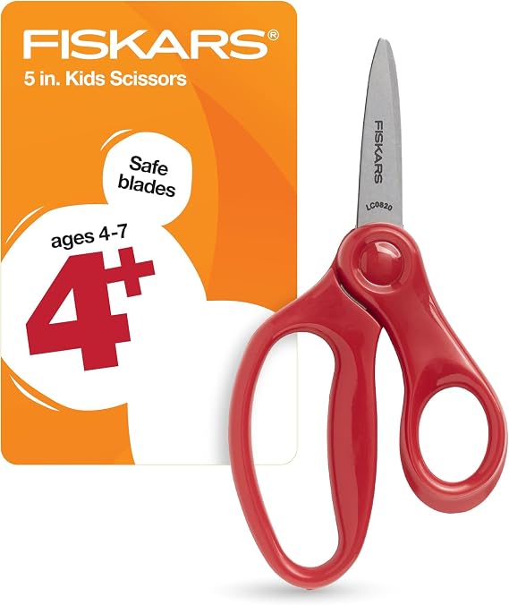 Fiskars 5" Pointed-Tip Kids Scissors, Ages 4-7, Red | Scissors with Safety Edge Blades for School or Crafting, Ergonomic Handles Designed for Kids Hands, Back to School Supplies