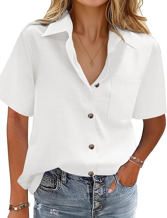 HOTOUCH Women Cotton Button Down Shirts Short Sleeve Linen Blouses Tops