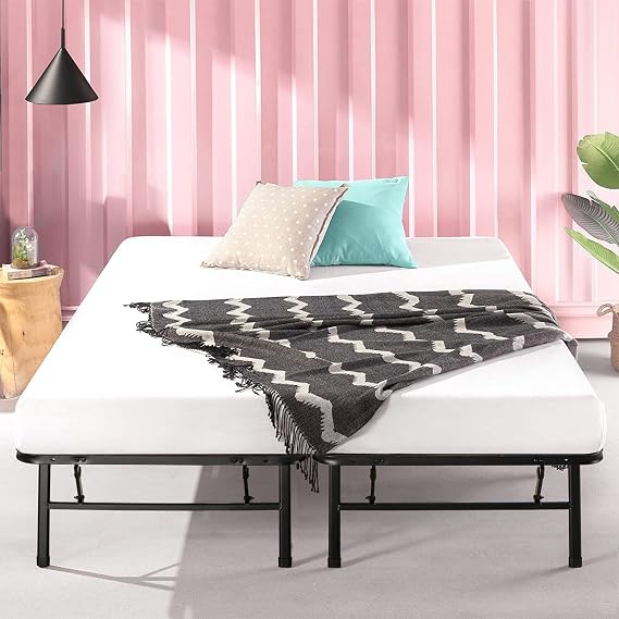 Zinus SmartBase Bed Frame, Foldable, Queen, Black, Metal Slats, Quiet, Under Bed Storage Space, Durable, Breathable, Headboard-less, Tubing Bed, Strong, Steel, 1 Box, No Assembly Required, Zinus